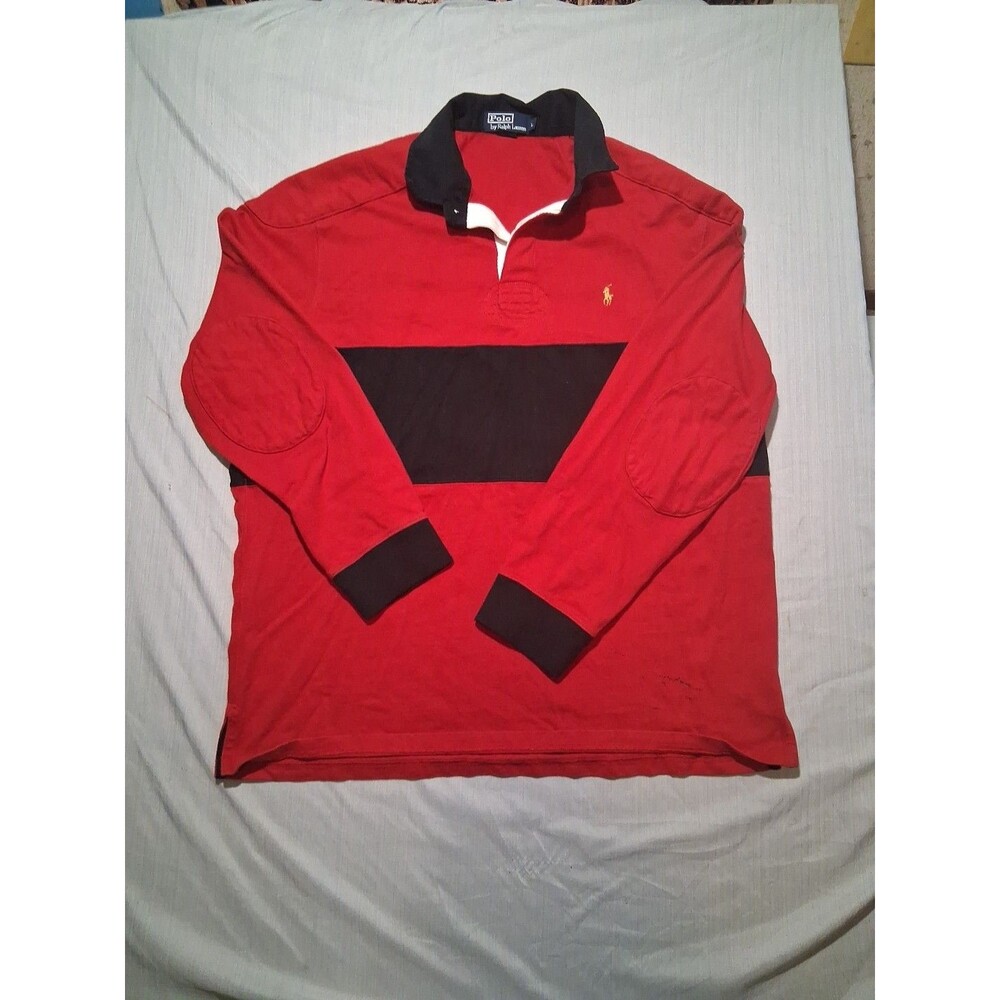 Polo Ralph Lauren Rugby Shirt Mens Large Red W/Blue Elbow & Shoulder Padding - Picture 2 of 6